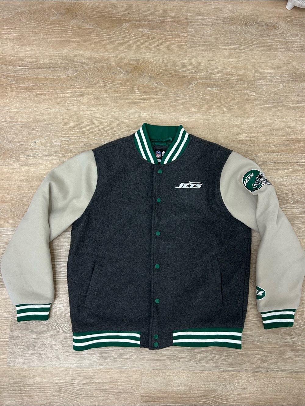 NY Jets Varsity Jacket Green and Gray Color Leather and Wool Size Large